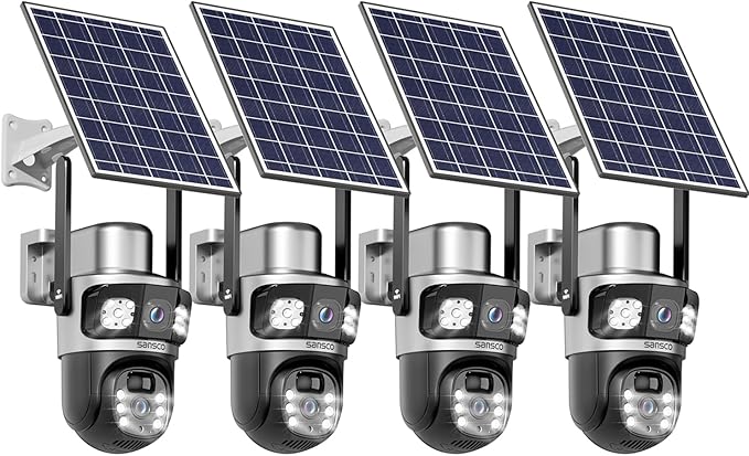 SANSCO 2K Dual Lens Solar Security Camera Wireless Outdoor, 2.4G & 5G WiFi, 360° PTZ Home Security Camera, 100% Wired Free, Spotlight Color Night Vision, 2-Way Audio, PIR Motion Detection (4 Pack)