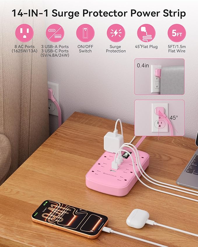Pink Extension Cord with Surge Protector - 5 FT Kawaii Power Strip, Cute Extension Cord with 6 USB(3 USB C) and 8 Outlets, Pink Desk Accessories for Girl Cute Kawaii Room Decor Gifts Office Dorm Home
