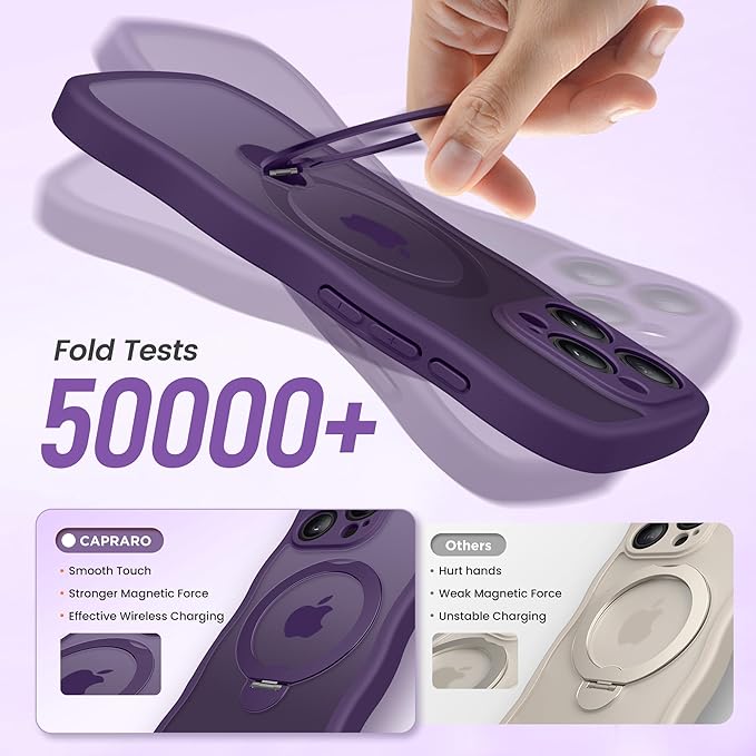 CAPRARO for iPhone 13 Pro Case with 360° Spin Magnetic Stand for Women, [Compatible with MagSafe] [Full Camera Protection] Cute Wave Translucent Matte Case for iPhone 13 Pro, Deep Purple