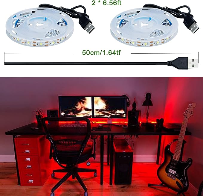 USB Red 620-625nm LED Strip Light 5V USB Powered 13.12ft/4M 240LEDs Flexible SMD2835 High Brightness No-Waterproof IP20 LED Tape Lights(2pcs x 6.6ft)