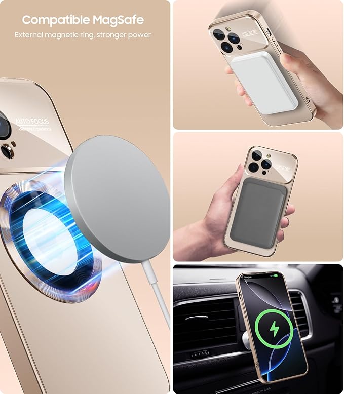 MAKAVO Magnetic for iPhone 16 Pro Max Case, Compatible with MagSafe, Built-in Camera Lens Protector, Logo View, Military Grade Drop Protection Phone Cover, Desert Titanium