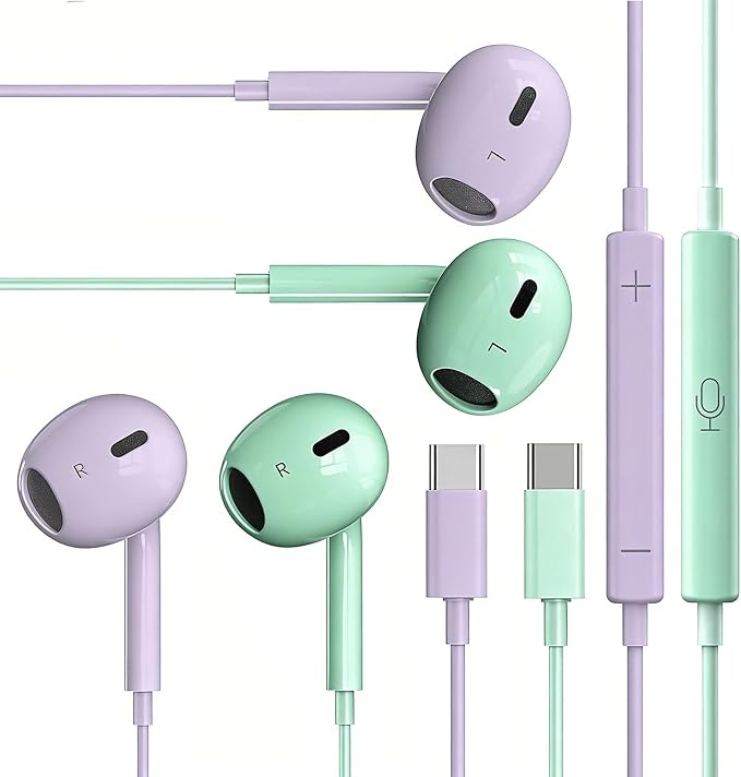 2 Packs USB C Headphones，Type C for iPhone Wired Headphones for iPhone 16/15/17 Earbuds with Mic and Volume Control，Hi-Fi Stereo In Ear Earphones for Galaxy S24/S23~S20/Ultra Note 10/20，Purple+Green