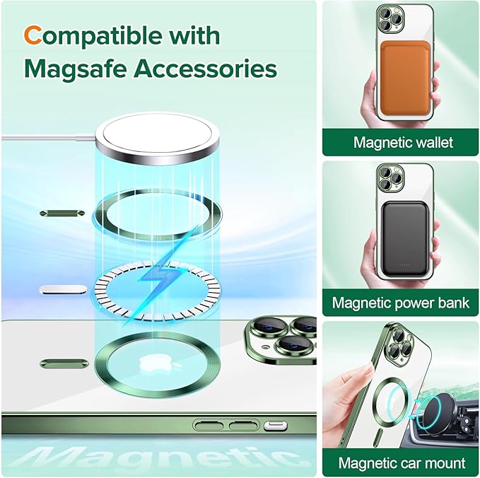 Hython Magnetic Clear for iPhone 11 Pro Case with Camera Lens Protector [Compatible with MagSafe] Luxury Plating Edge Slim Soft TPU Cover Protective Phone Case for iPhone 11 Pro 5.8", Deep Green