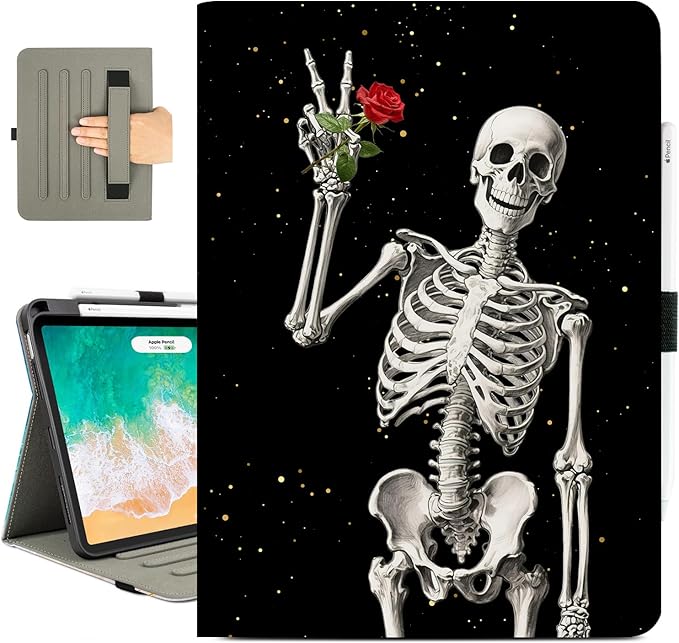 Vimorco for iPad Air 11 Inch Case M3/M2 2025/2024, for iPad Air 5th/4th Generation Cover 10.9-inch, for iPad Pro 11 Inch Case 4th/3rd/2nd/1st Generation Pencil Holder/Hand Strap/Pocket, Skull Rose