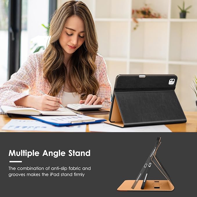 VIKESI Case for iPad Pro 13-inch M5 or M4 Released in 2025 or 2024, Leather Stand Cover with Apple Pencil Holder, Auto Wake/Sleep, Multiple Viewing Angles, Built in Hand Strap & Pocket,Black Brown