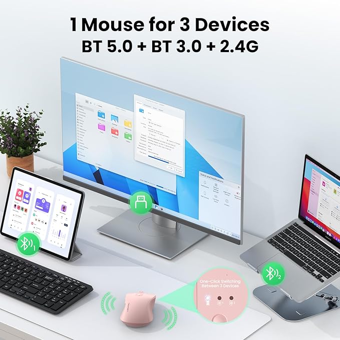 TECKNET Rechargeable Bluetooth Mouse, [ USB + BT5.0 + BT3.0 ] Wireless Mouse, Ergonomic Design, Silent Click, 6-Level 4800 DPI Wireless Mice, 3-Device Switching for Laptop, Computer, MacBook（Pink）