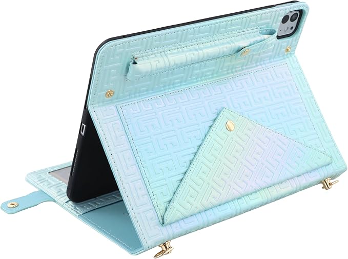 Shiny Case for iPad Pro 12.9" 6th/5th/4th Gen & iPad Air 13-inch Handbag w/Hand Strap, Techcircle Crossbody Iridescent Folio Stand Wallet Case w/Pencil Holder+Shoulder Strap, Shiny Blue