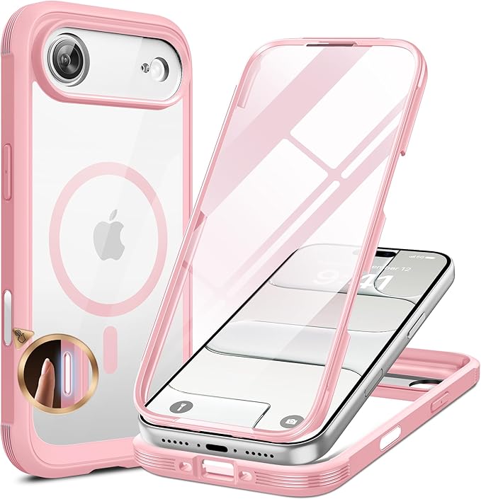 Miracase Magnetic for iPhone Air Case 6.5" [Compatible with MagSafe] Full-Body Phone Case with Built-in Glass Screen Protector & Camera Control,Drop Proof iPhone 17 Air Case Cover, Pink