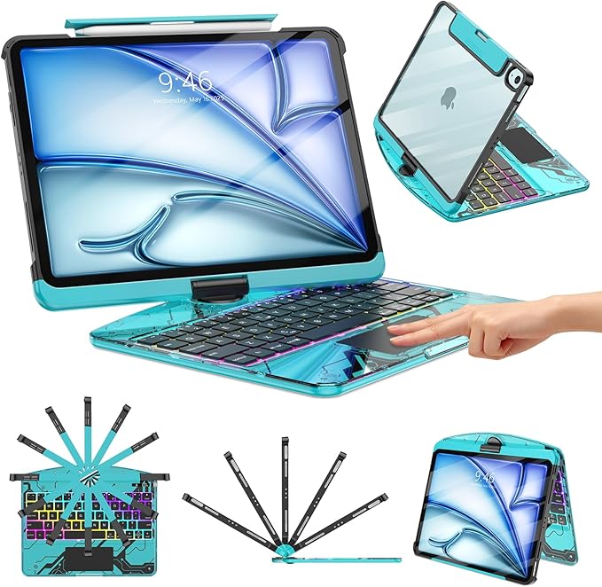 TSQQST Clear Keyboard Case for iPad Air 11 Inch (M4/M3/M2, 2026/2025/2024)/ iPad Air 5th/4th Generation 10.9" / iPad Pro 11" 1st/2nd/3rd/4th, Trackpad, Pencil Holder, 7-Color Backlit, Rotatable, Blue