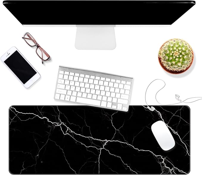 Thin Extended Gaming Mouse Pad （31.5 * 11.8 * 0.08 inch） with Stitched Edges Large Mousepad Long XXL Keyboard and Mouse pad Desk Mat for Gaming Office & Home - Black White Marble