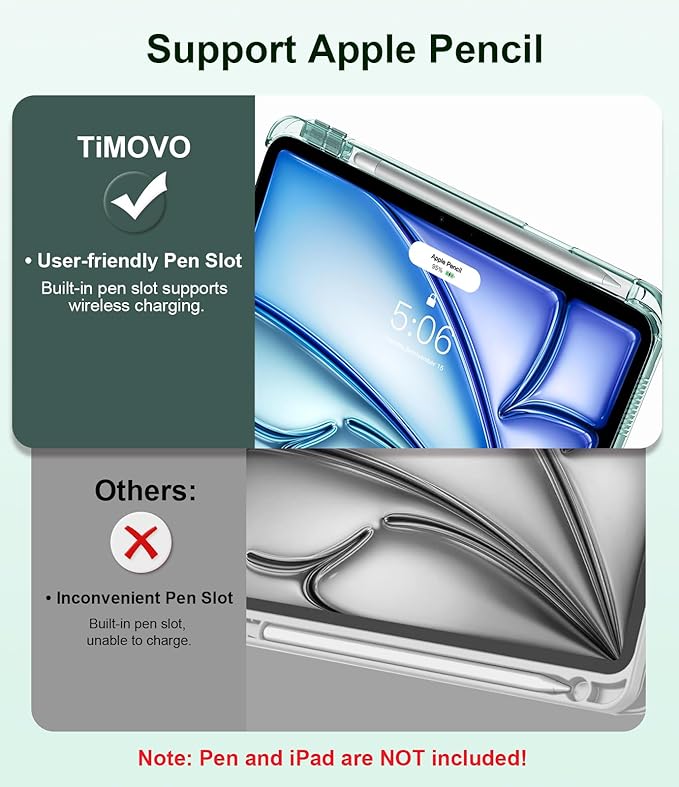 TiMOVO Case for iPad Air 11 Inch M4 2026/M3 2025/M2 2024, iPad Air 5th Generation 2022/4th Gen 2020 10.9 Inch with Pencil Holder, Stand Cover with Translucent Back, Auto Wake/Sleep, Midnight Green