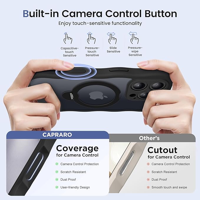 CAPRARO for iPhone 16 Pro Case with 360° Spin Magnetic Stand for Women, [Compatible with MagSafe] [Full Camera Protection] Cute Wave Translucent Matte Case for iPhone 16 Pro, Black