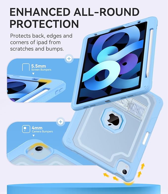 ZoneFoker Case for iPad Air 5th/ 4th Generation Case (2022/2020) 10.9'', for iPad Pro 11 Inch (4th/3rd/2nd/1st Gen), Hard Sturdy Slim Cover for iPad Air 5 4 th with Pencil Holder/Stand, Sky Blue