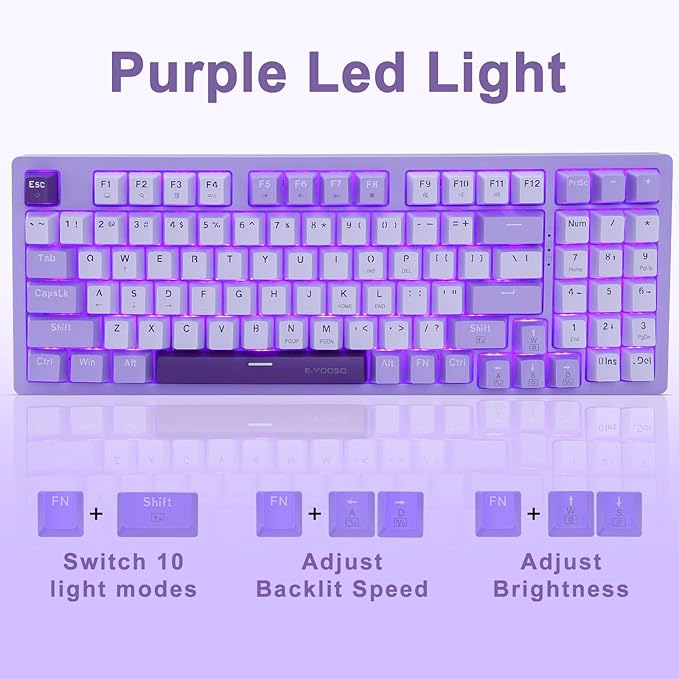 HUO JI Mechanical Gaming Keyboard USB Wired Compact with Number Pad, Purple Led Backlit, Blue Switch, Detachable Type C Cable, 94 Keys for PC/Computer/Laptop, White and Purple