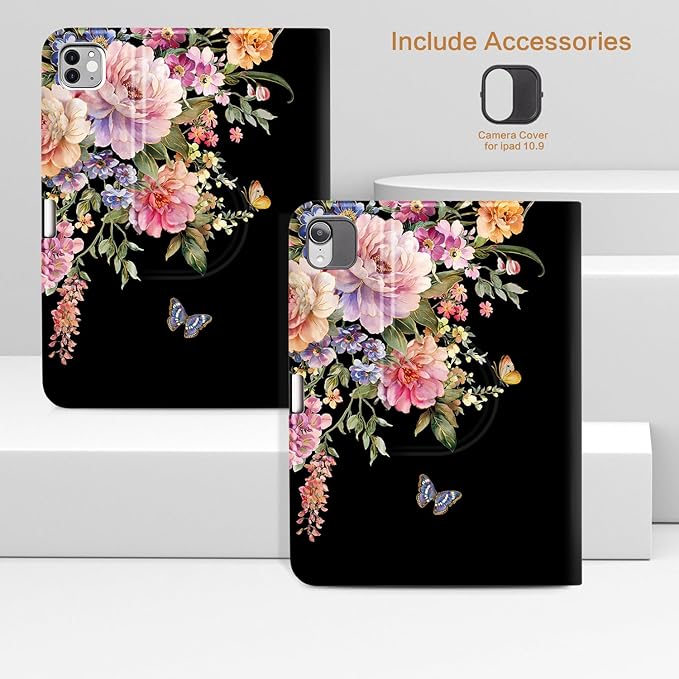 Vimorco for iPad Air 11 Inch Case M4 2026,for iPad Air 5th/4th Gen Cases 10.9-inch,for iPad Pro 11 Inch Case 4th/3rd/2nd/1st Generation 360 Degree Rotating Pencil Holder 4 Viewing Angles, Black Flower