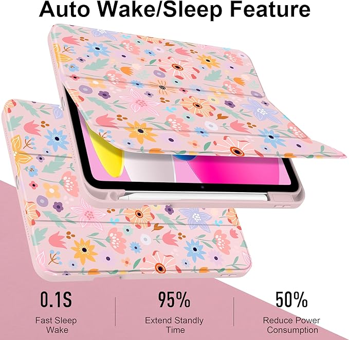 Case for iPad Air 11 inch M4 2026 M3 2025 M2 2024 Release with Pencil Holder Cute Patterns Trifold Cover with Clear Back Shell Magnetic Wake Sleep Design for Girls Women,Pink Flowers