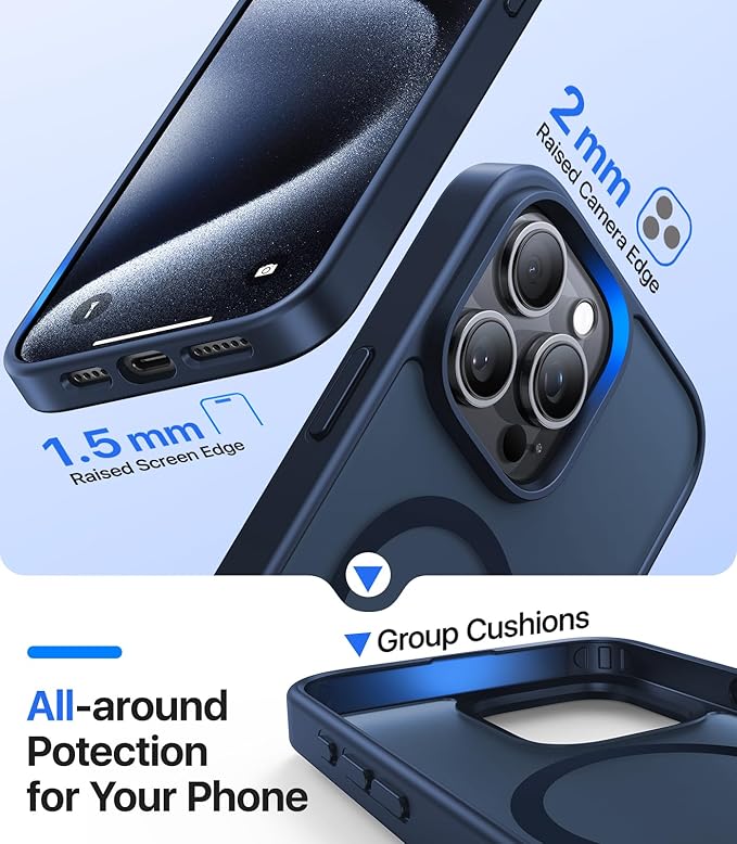 Magnetic for iPhone 15 Pro Max Case, [Compatible with MagSafe][Military-Grade Drop Protection][Anti-Yellowing]Shockproof Translucent Matte Cover for iPhone 15 Pro Max Phone Case,Midnight Blue