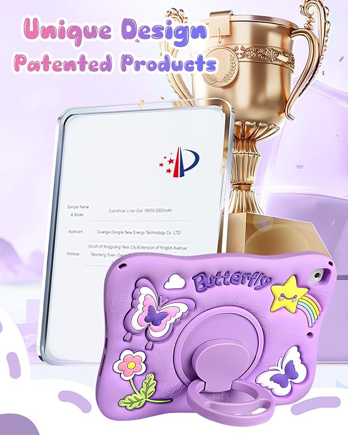 Kidcube for iPad 5th/6th Generation Case, for iPad Air 1st/2nd Gen, for iPad Pro 9.7 Inch Case - Girls Cute Kawaii Girly 3D Purple Butterfly Design Cover with Rotating Stand & Strap Silicone Women