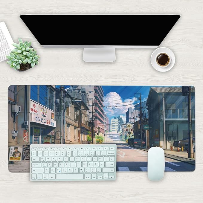 Desk Mat, Anime Summer Street Scenery Extended Gaming Mouse Pad Large, 35.4"x15.7" Big Mouse Pad with Non-Slip Base and Stitched Edge, Long Computer Keyboard Mouse Mat for Home Office Work