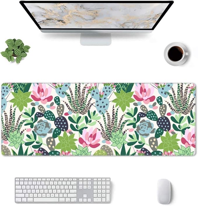 Cute Large Mouse Pad Desk Mat, Succulents and cactus Big Extended Funny Gifts XL Gaming Mousepad with Stitched Edges for Writing, Table, Long Extended Desk Pad for Women Girls Office, 31.5*11.8 Inch
