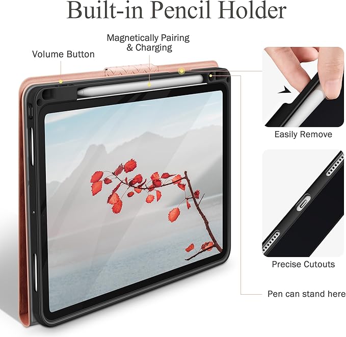 auaua Case for iPad Pro 11 Inch (M5/M4) 2025/2024, PU Leather Case with Pencil Holder, Supports Pencil Pro and Pencil(USB-C), Adjustable Angles, Auto Sleep/Wake (Pink)