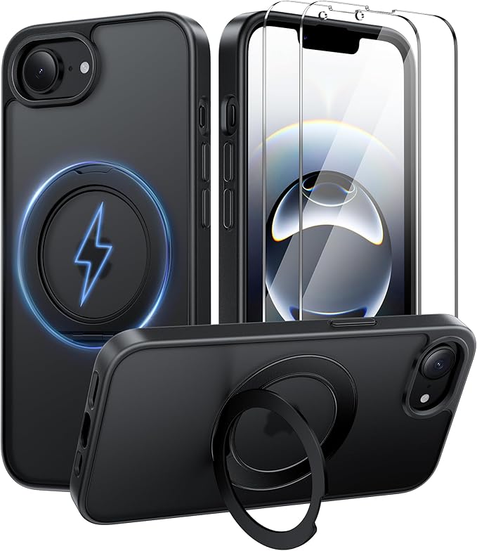 360°Ring Stand for iPhone 16E/17E Case with 2X Screen Protector,Fit for MagSafe, Anti-Yellowing & Scratch-Resistant Back Phone Case for iPhone 16E/17E 6.1", Black