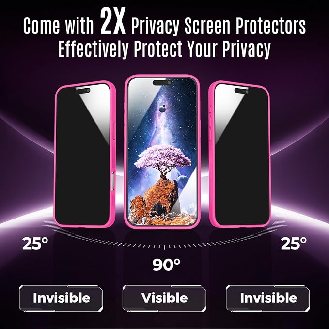 Symcele Designed for iPhone 16 Pro Case, Compatible with MagSafe, with Privacy Screen Protectors X2, [Camera Protection] [15FT Military Drop Protection] Shockproof Phone Case, 2024, Hot Pink