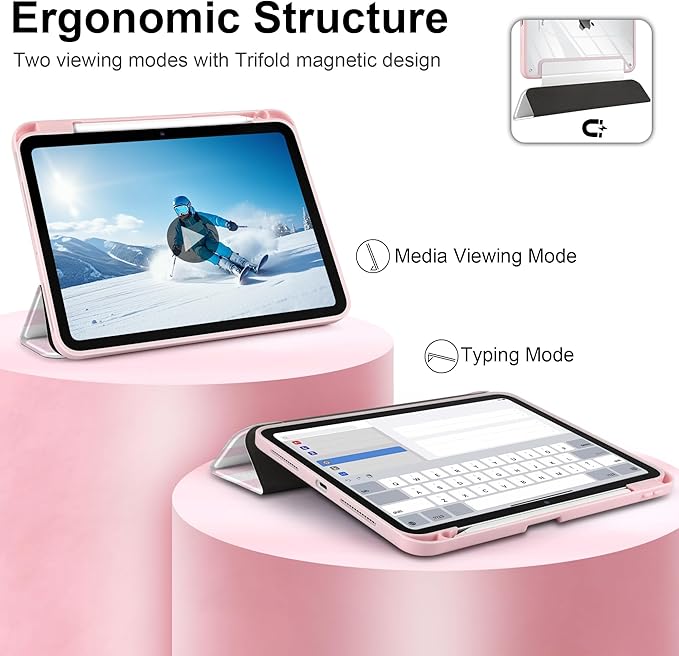 Case for iPad Pro 11 inch (M5) 2025 (M4) 2024 Release with Pencil Holder -Cute Pink White Striped Trifold Cover with Clear Back Auto Sleep/Wake, Aesthetic Soft Protective Skin for Girls Women