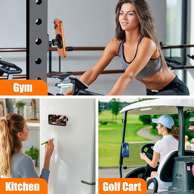 Dual Magnetic Phone Holder for Gym, Workout, Kitchen or Any Metal Surface, Magnet Base Mount & Power Magnet Phone Mount for MagSafe iPhone 17 16 15 14 13 12 Series
