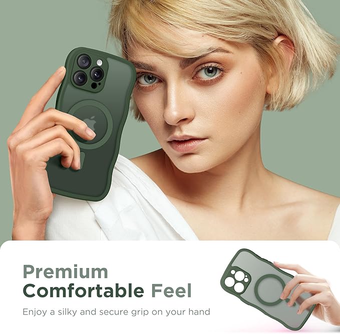 CAPRARO for iPhone 16 Pro Max Case for Women Girls, Upgraded [Full Camera Protection] [Compatible with MagSafe] Cute Wave Translucent Matte Phone Case for iPhone 16 Pro Max, Deep Green