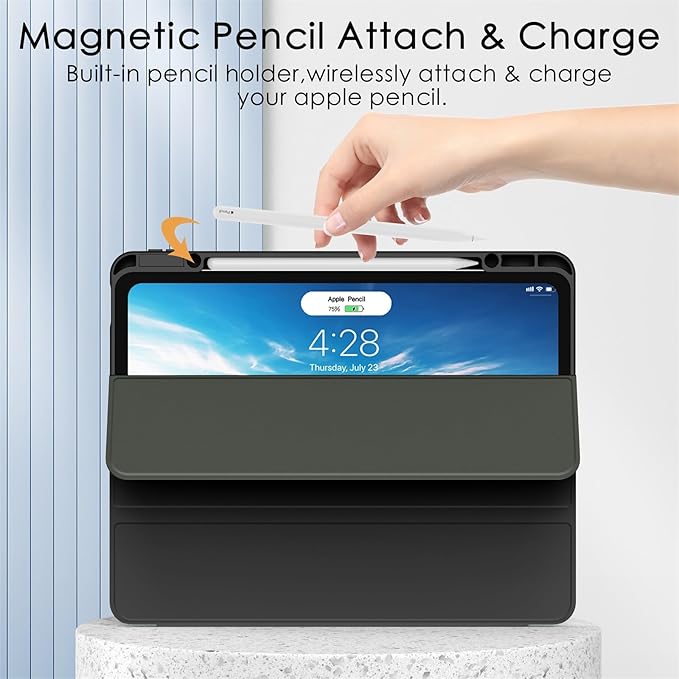 Soke for New iPad Air 13 Inch Case (M3 2025/M2 2024) with Pencil Holder, [Auto Wake/Sleep + Camera Protection] Shockproof Cover with Clear Transparent Back for Apple iPad Pro 12.9", Black