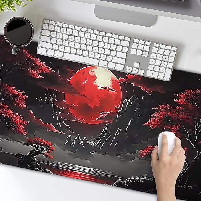 Riverside Full Moon Desk Mat Japanese Desk Pad Mouse Pad Extended Large XL Keyboard Pad 31.5"x11.8" Anime Gaming Mousepad Keyboard Full Desk Mat with Non-Slip Rubber Base Stitched Edge for Home Office