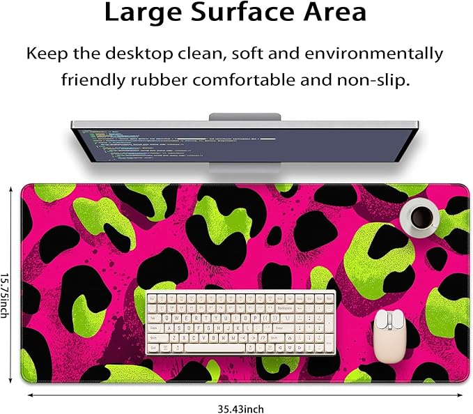 35.4 x 15.7 in, XXL Large Mouse Pad for Desk, Extended Keyboard Mouse Mat for Computer Office, Big Mouse pad with Stitched Edges, Gaming Pc-Leopard Print Pink Green