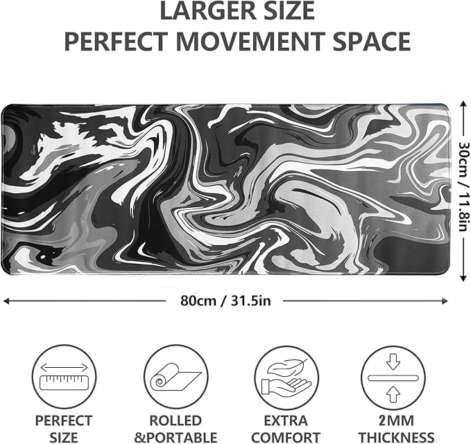 Gaming Mouse Pad XL XXL with World Map(31.5 x 11.8in), Desk Mat&Large Mouse Pad Keyboard Mat 3MM Anti Slip and Waterproof Rubber Mouse Pad (Black Marble Fluid Design)…
