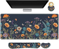 DINKY Desk Mat Keyboard Mouse Pad Set, Large Gaming Mouse Pad +Keyboard Wrist Rest +Mousepad with Wrist Rest +Coaster, Ergonomic Non-Slip 4 in 1 Combo, Flowers Plants Butterflies