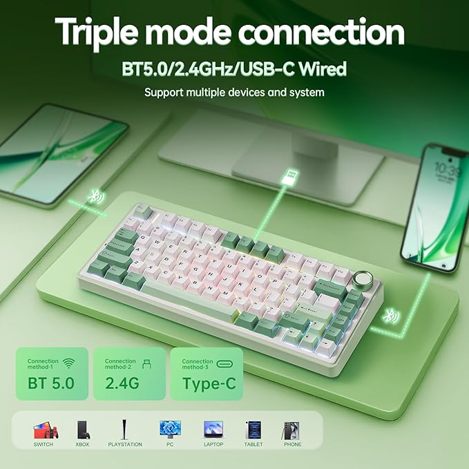 Aula F75 Gaming Keyboard, 75% Wireless Keyboards RGB Backlit with Knob, Tri-Mode Hot Swappable Mechanical Keyboard for PC Gamer - Green
