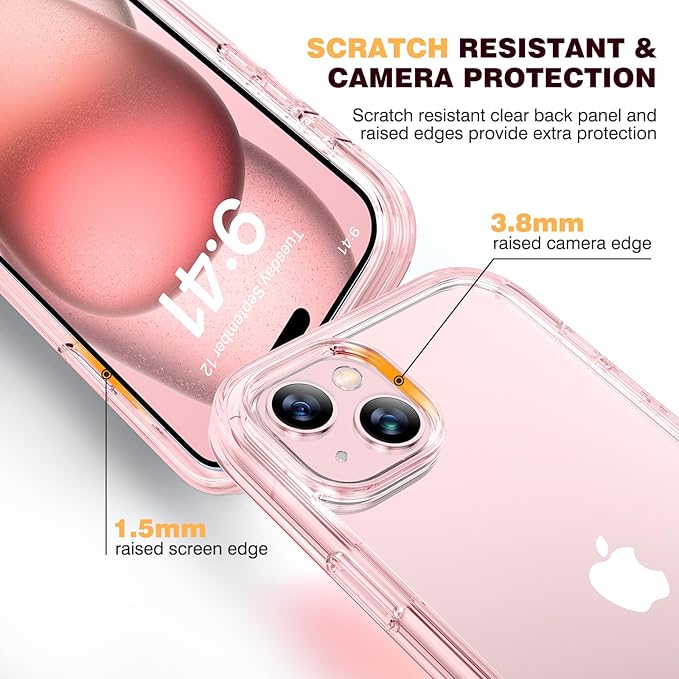 Diaclara Designed for iPhone 15 Case, Full Body Rugged Case with Built-in Touch Sensitive Anti-Scratch Screen Protector, with Camera Lens Protector for iPhone 15 6.1" (Clear Pink)