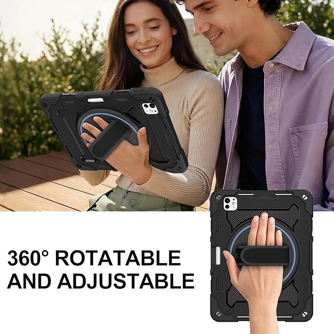 iPad Pro 11 Inch Case M5 2025/M4 2024, Heavy Duty Shockproof Protective Case with Screen Protector, 360° Rotating Stand Hand Strap Shoulder Strap Kids Cover Apple Pencil Holder