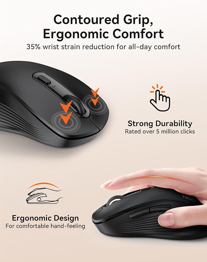 TECKNET Bluetooth Mouse, [ USB + BT1 + BT2 ] Wireless Mouse for Laptop, Silent Click, Ergonomic Design, 4800 DPI Computer Mice Wireless, Dual Mode for Laptop, Computer, iPad, MacBook
