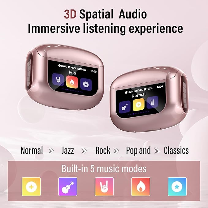 Thunelec Wireless Earbuds, Bluetooth 5.4 Headphones with Multifunctional Touch Screen, 48H Bass Stereo Ear Buds with ANC/ENC Noise Cancelling/Transparency Mode, IPX7 Earphones with 5 EQ Modes, Rose