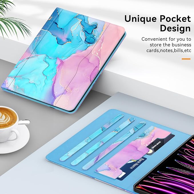 Zonefoker Case for New iPad Pro 12.9 inch 6th/5th/4th/3rd Generation 2022/2021/2020/2018, 12.9'' ipad Pro Leather Protective Cover 6/5/4/3 Gen with Pencil Holder, Auto Wake/Sleep, Marble Teal Pink