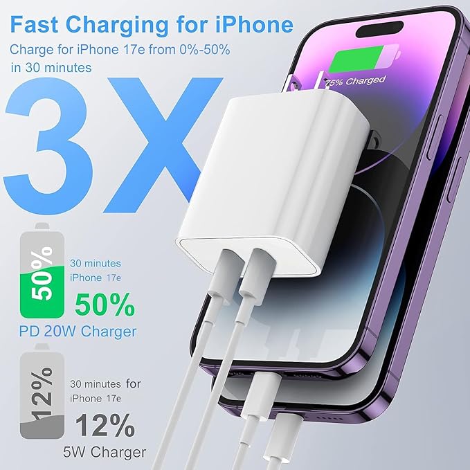 USB C Fast Charger Block,USB C Charging Block 3-Pack Type C 2in1 Dual Ports Plug Wall Charger,Fast Type C Charger for iPhone 17/17 Pro/17 Pro Max/Air/16E/16 Plus/16 Pro Max/15/14/13/12/11/Xs Max/XR/X