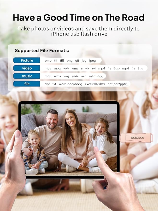 512GB Phone Flash Drive Photo Stick, USB Memory Stick for Photo Video Backup & Storage, No APP Required, Compatible with iPhone iPad Android PC, Rose Pink