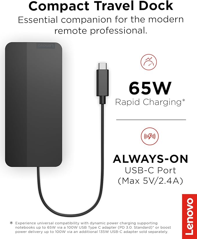 Lenovo USB-C Dual Display Travel Dock w/ 100W Power Adapter - 7 Ports, Integrated USB-C Cable, Universal Compatibility, Dual Displays at 4K - Black
