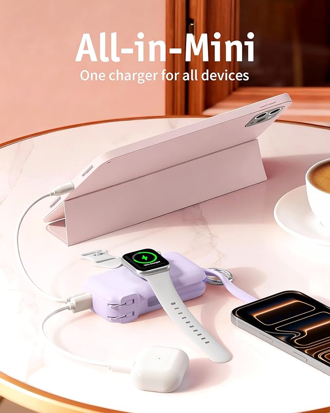 RORRY Flow Portable Charger, 10000mAh 40W Fast Charging Power Bank with Built-in USB C Cable and Foldable Wall Plug, Battery Pack Travel Essentials for iPhone 17/16/15, Apple Watch, iPad, MacBook