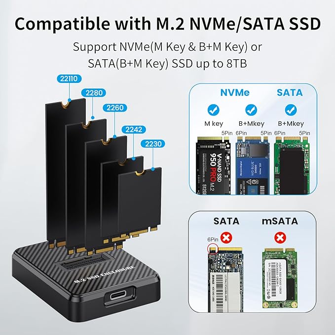 M.2 NVME SATA SSD Enclosure Adapter, 10Gbps USB 3.2 Gen 2 USB C External, Aluminium Alloy Housing, Supports M.2 (M Key) NVMe & (B+M Key) SATA SSDs, Plug and Play External Storage Solution