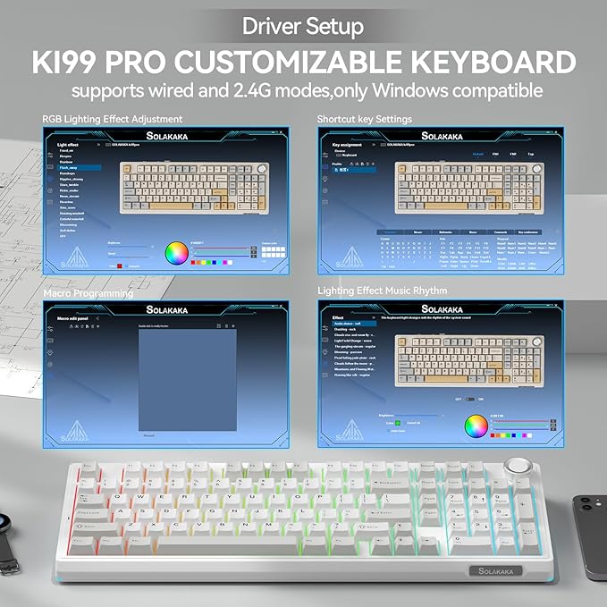 SOLAKAKA KI99 Pro 96% Wireless Mechanical Keyboard, RGB Gaming Keyboard, Hot-Swappable Pre-Lubed Switches, Gasket Structure Creamy Keyboards (Graywhite, Silent Switch)