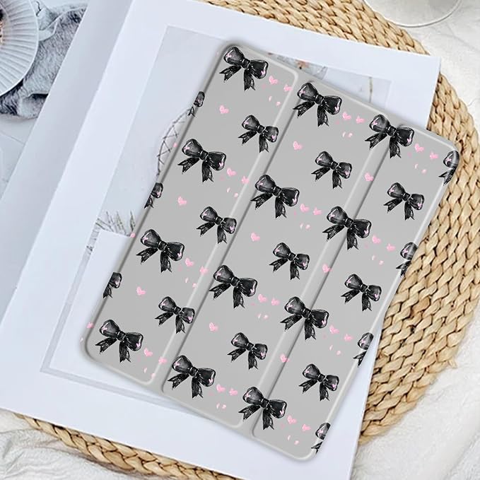 JOYLAND Cute Y2K Black Bow Case for iPad Pro 12.9" 6th/5th/4th/3rd Generation (2022/2021/2020/2018),Girly Clear Acrylic Hard Back Grey Case with Pencil Holder Trifold Stand Tablet Cover