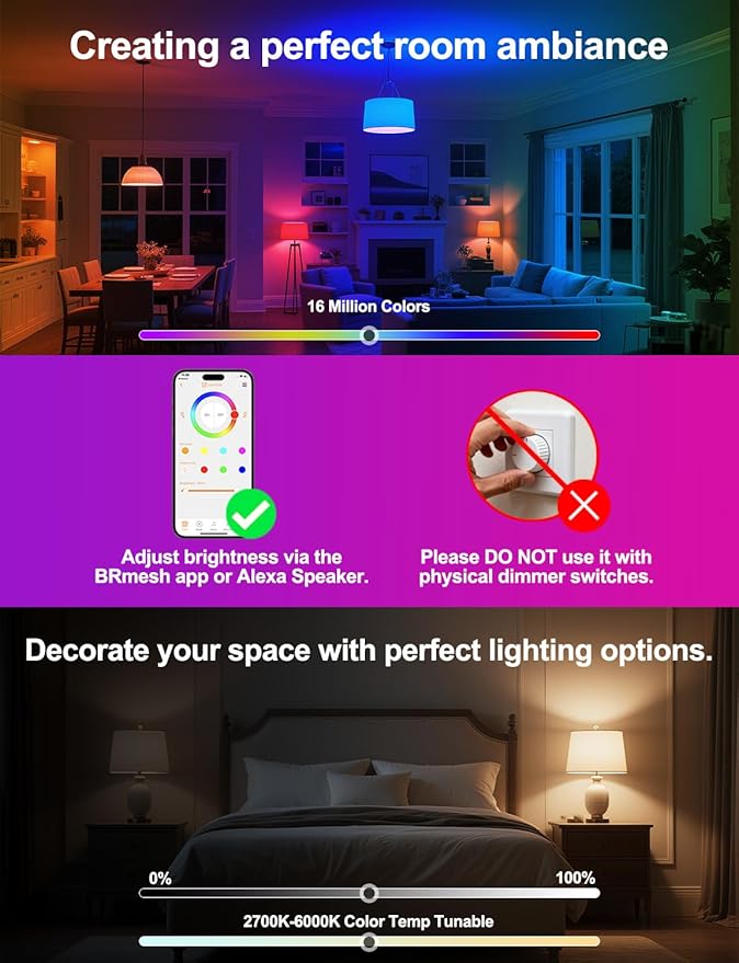 ILC Alexa Light Bulbs (120 Watt Equivalent) Smart Light Bulbs Compatible with Alexa Only, 1200 Lumens, Color Changing, Color Temperature Tunable 2700K-6000K(6 Pack)