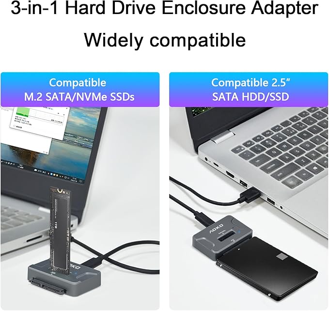 AOKO NVMe to USB 3.2(10Gbps) SSD Reader Docking Station – Portable M.2 SSD to USB Adapter External NVMe SSD Enclosure for M.2 PCIe NVMe and M.2 SATA SSD, Compatible with 2.5'' SATA Dirve